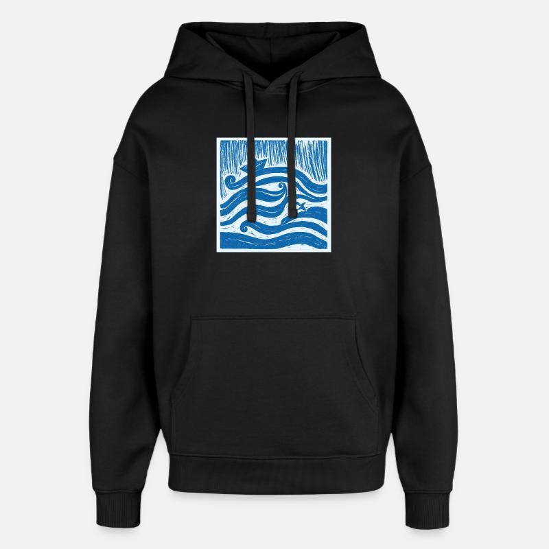 Ship on Wave - Linocut - Oversized Unisex Hoodie by Stanley/Stella - black