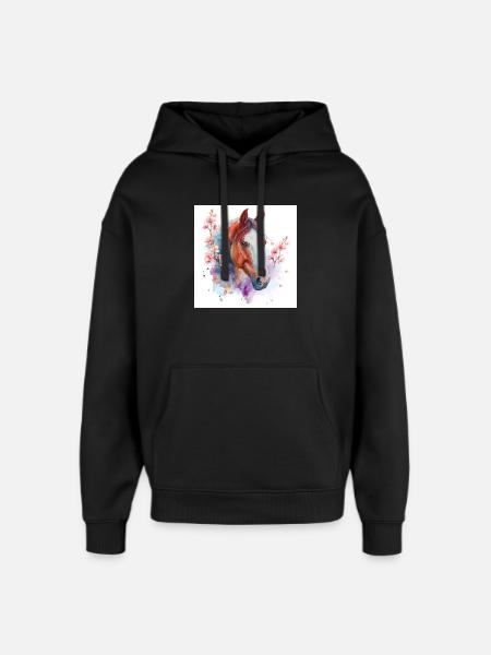 Aquarelle Cheval et Fleurs - Sweat à capuche unisexe Stanley/Stella Oversized - noir