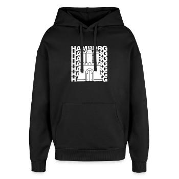 HAMBURG STADTTOR, HANSE, MOIN, HH - Oversized Unisex Hoodie von Stanley/Stella - Schwarz - Vorne - AI Model Female 172 light (172cm) & AI Model Male 185 light (185cm)