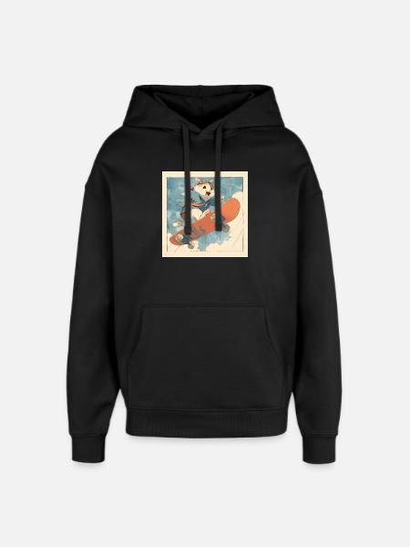Retro Cat Skateboarder in Flight - Oversized Unisex Hoodie by Stanley/Stella - black