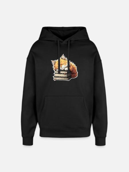 Cute Cat Sleeping on Book Pile - Oversized Unisex Hoodie by Stanley/Stella - black