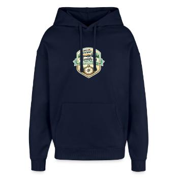 Vanlife ist Freiheit - Oversized Unisex Hoodie von Stanley/Stella - Navy - Vorne - AI Model Female 172 light (172cm) & AI Model Male 185 light (185cm)