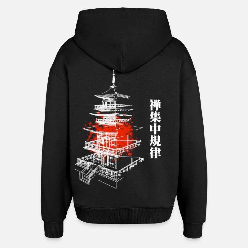 Pagode Zen en rouge abstrait - Sweat à capuche unisexe Stanley/Stella Oversized - noir