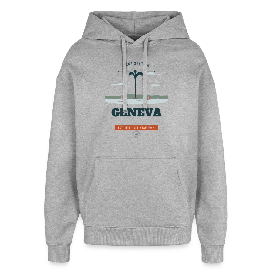 Geneva badge on a oversized unisex hoodie by stanley/stella, heather grey