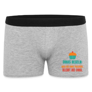 Omas Regeln: Was bei Oma passiert, bleibt bei Oma - Männer Boxer Shorts - Grau meliert - Vorne