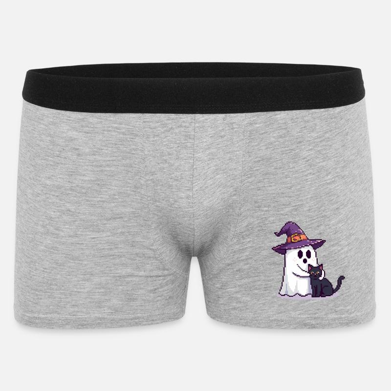 Pixel Geist mit Hexenhut & Katze – Halloween - Männer Boxer Shorts - Grau meliert
