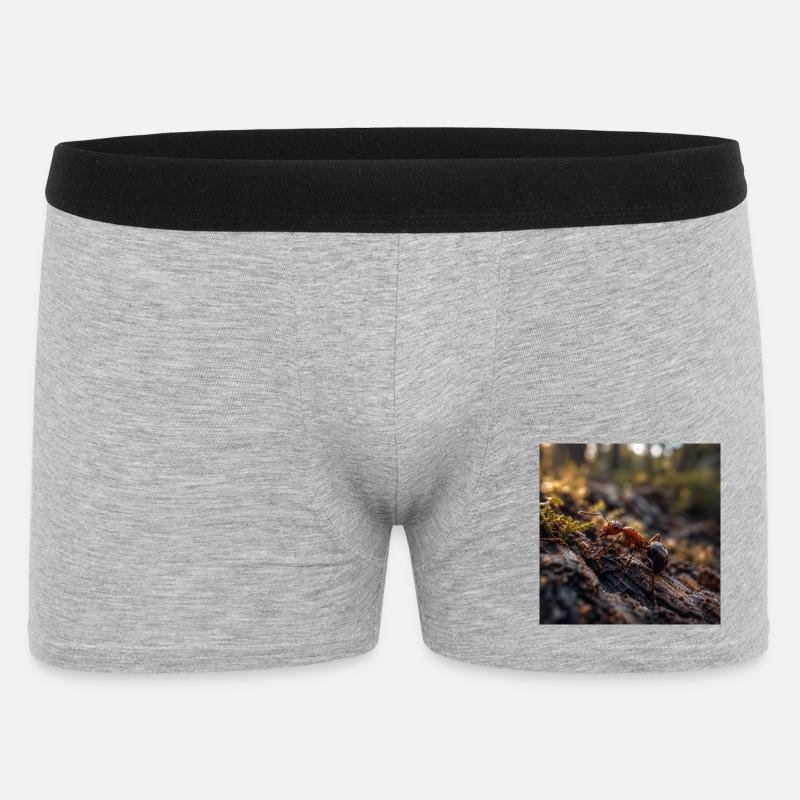 Rote Ameise auf Holz unter Moos - Männer Boxer Shorts - Grau meliert