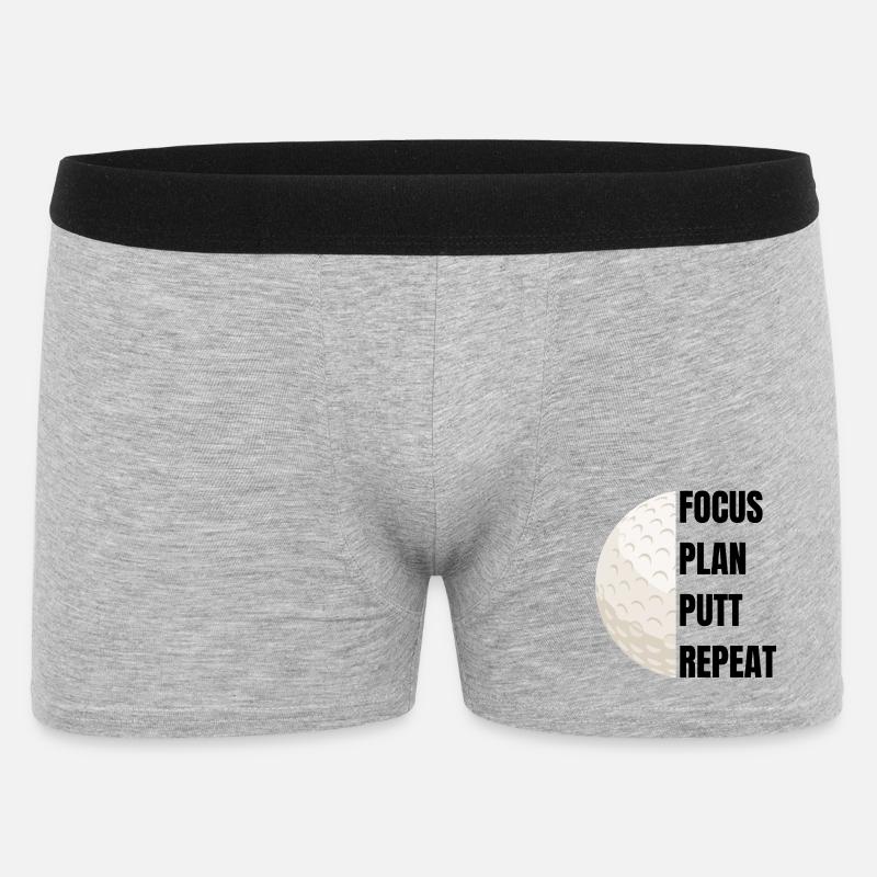 Focus Plan Putt Repeat – Golfslogan - Männer Boxer Shorts - Grau meliert