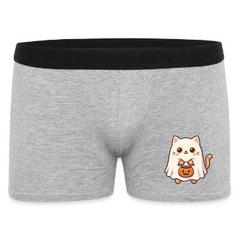 Süße Geisterkatze hält einen Kürbislaternen-Eimer - Männer Boxer Shorts - Grau meliert - Vorne