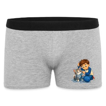 Junge befreit Katze sanft aus blauem Wollknäuel - Männer Boxer Shorts - Grau meliert - Vorne