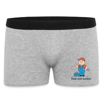 Werkzeugheld Cartoon Motiv. Endlich funktionierts! - Männer Boxer Shorts - Grau meliert - Vorne