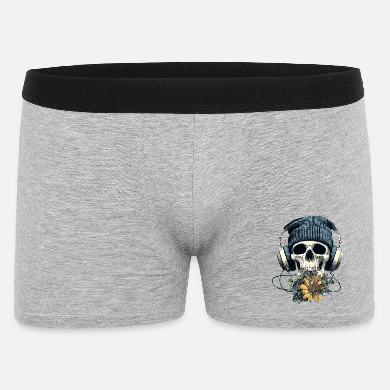 Schädel mit Kopfhörer und Blumen - Männer Boxer Shorts - Grau meliert