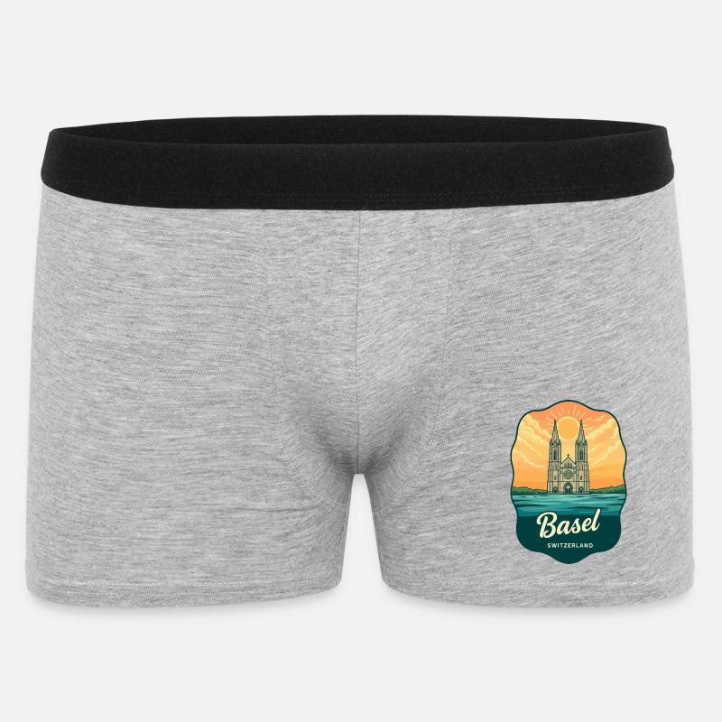 Basel Minster Retro Sonnenuntergangs-Reiseabzeichen - Männer Boxer Shorts - Grau meliert