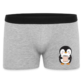 Niedlicher Pinguin mit Kaffeetasse - Entzückendes Design - Männer Boxer Shorts - Grau meliert - Vorne