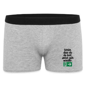 Schön, dass du da bist – jetzt geh wieder. - Männer Boxer Shorts - Grau meliert - Vorne
