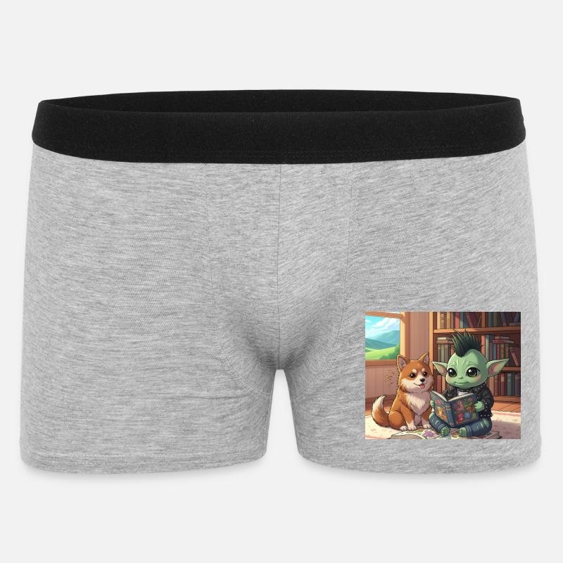 Mischender Kobold mit Hund im Bücherzimmer - Männer Boxer Shorts - Grau meliert