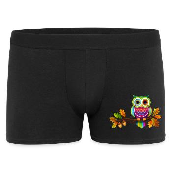 Bunte Eule auf Ast mit Herbstblättern - Männer Boxer Shorts - Schwarz - Vorne