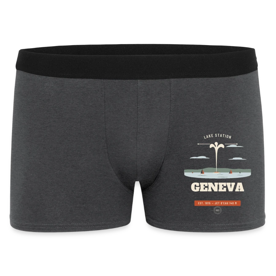 Geneva badge on a men's boxer shorts, charcoal grey