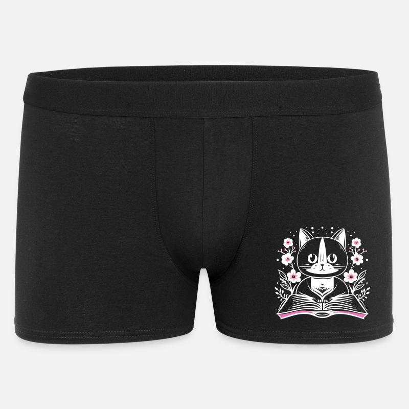 Lesende süße Katze mit Buch und Blumen - Männer Boxer Shorts - Schwarz