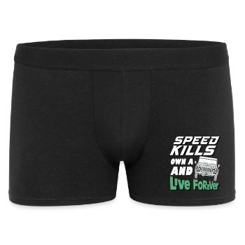 Speed Kills own a defender and live forever - Männer Boxer Shorts - Schwarz - Vorne