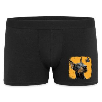 Lustiger Dobermann und Schmetterling auf Orange - Männer Boxer Shorts - Schwarz - Vorne