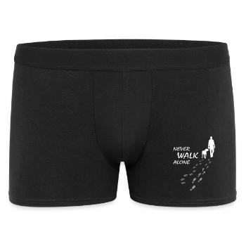 Never walk alone - Hund Herrchen Gassi, Backprint - Männer Boxer Shorts - Schwarz - Vorne