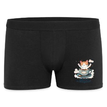 Wecker aufladen, Katzenhumor und Kaffeebecher - Männer Boxer Shorts - Schwarz - Vorne