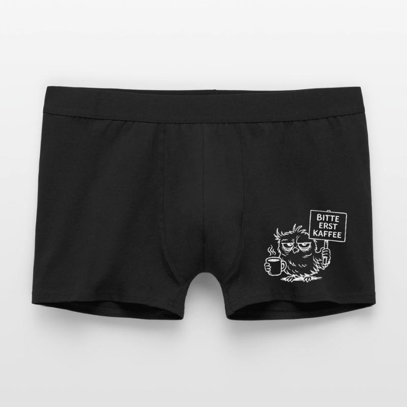 Bitte erst Kaffee – Müde Eule mit Kaffeetasse Männer Boxer Shorts