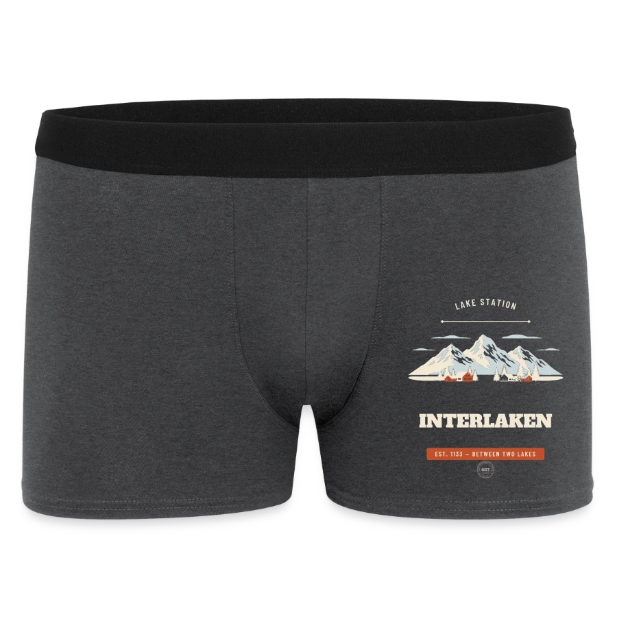 Interlaken badge on a men's boxer shorts, charcoal grey