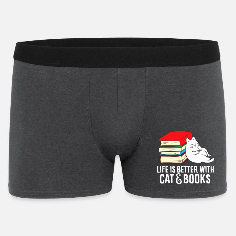 Cat and Books Cozy Stack - Men's Boxer Shorts - charcoal grey