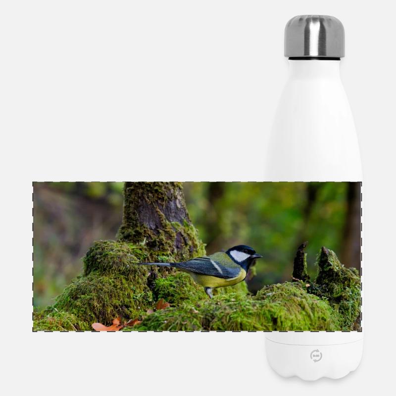 Mossy Forest Bird in Quiet Glade - Panoramic Thermal Bottle 500 ml - white