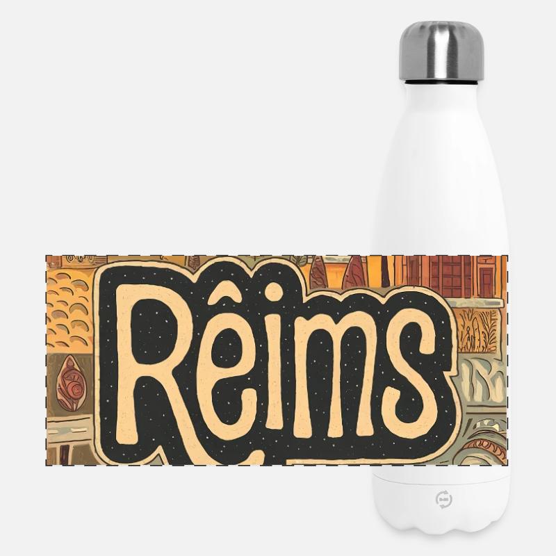 Reims Cityscape Retro Illustration - Panoramic Thermal Bottle 500 ml - white