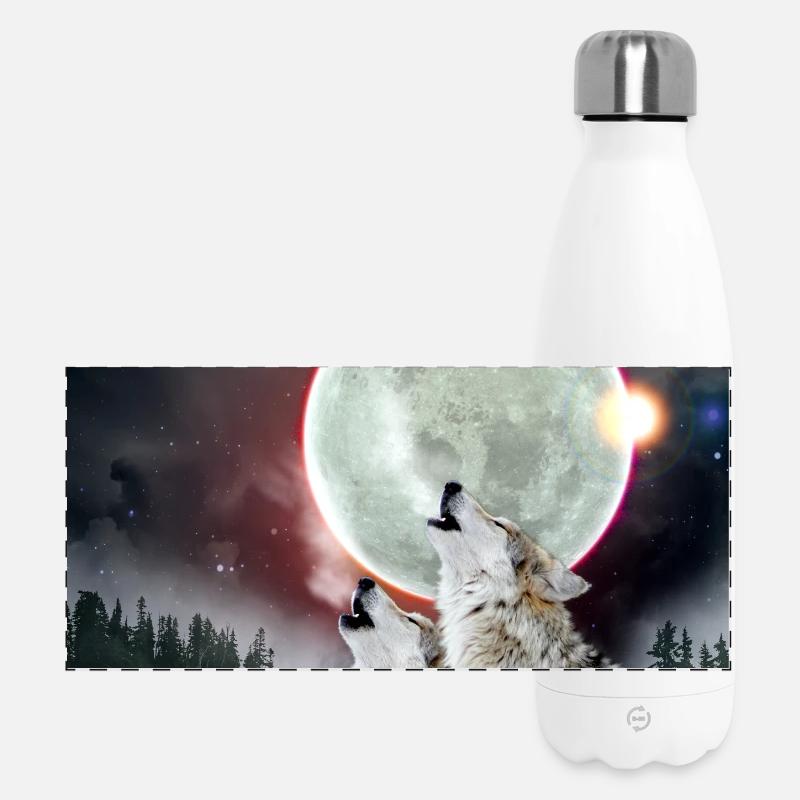 Wolves Howling Moon Eclipse Wolf Art - Panoramic Thermal Bottle 500 ml - white