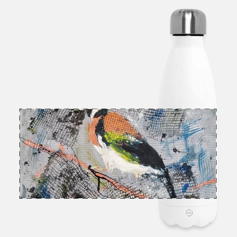 Acrylmalerei mit Stiglitz auf Baumast - Panorama Isolierflasche 500 ml - Weiß