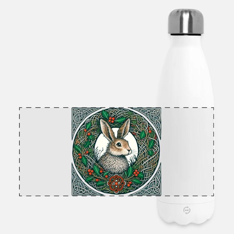Hare in Celtic Winter Wreath - Panoramic Thermal Bottle 500 ml - white