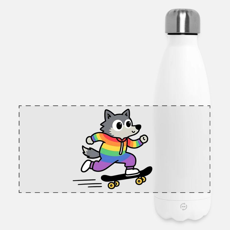 Regenbogen Wolf Schlittschuh - Panorama Isolierflasche 500 ml - Weiß