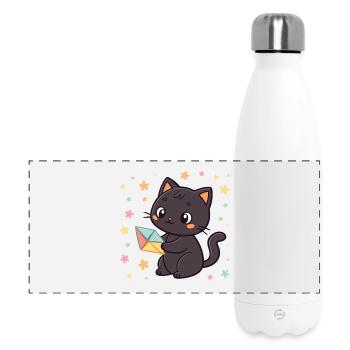 Schwarze Katze und Origami-Umschlag - Panorama Isolierflasche 500 ml - Weiß - Vorne