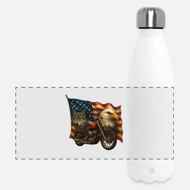Chopper, wolf and eagle on US flag - Panoramic Thermal Bottle 500 ml - white