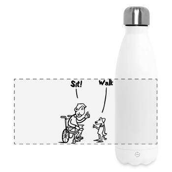 Asseyez-vous et marchez. Utilisateur de fauteuil roulant vs chien. Humour # - Gourde isotherme panoramique 500 ml - blanc - Devant