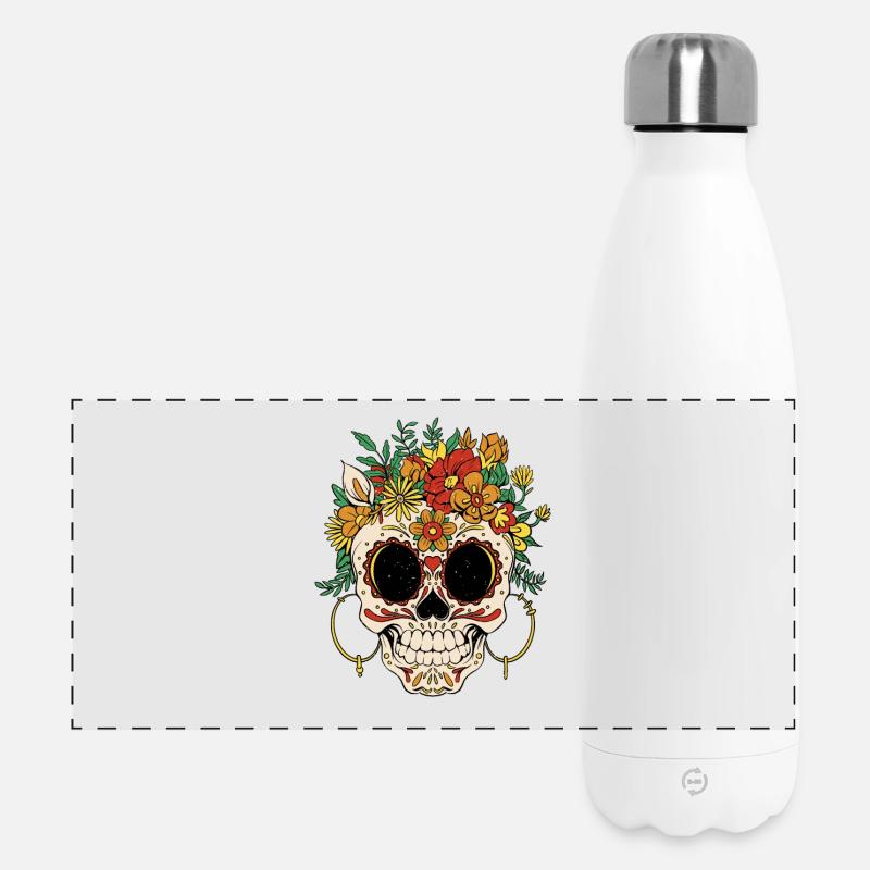 Blumenkranz Schädel Día de Muertos - Panorama Isolierflasche 500 ml - Weiß