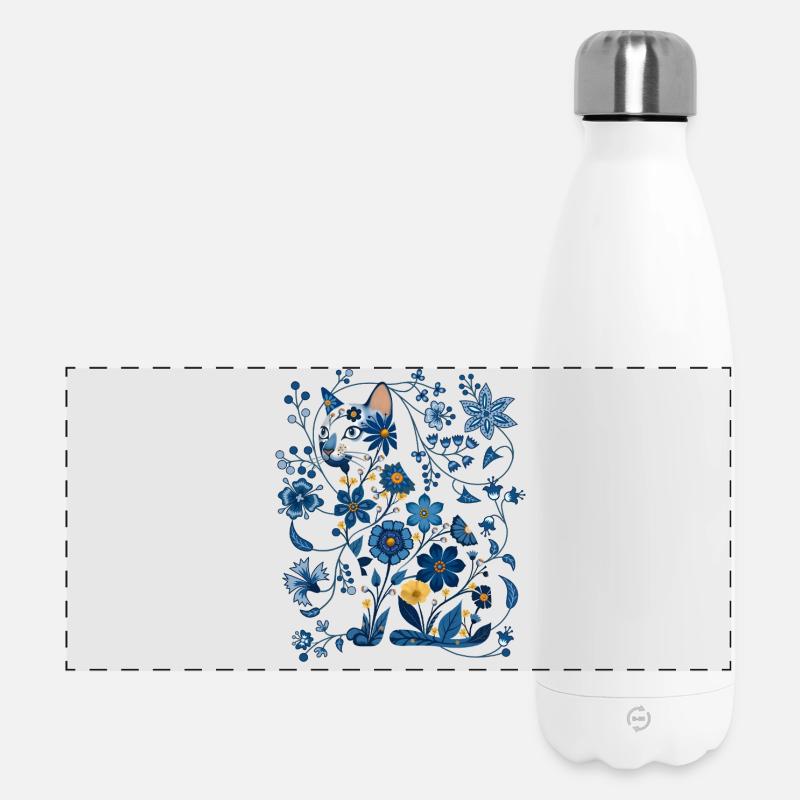 Azurblaue florale Katzensilhouette - Panorama Isolierflasche 500 ml - Weiß