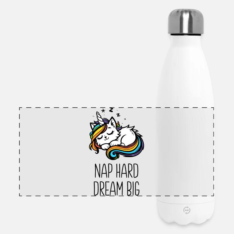 Nap hard dream big, sleeping unicorn cat (colorful) - Panoramic Thermal Bottle 500 ml - white