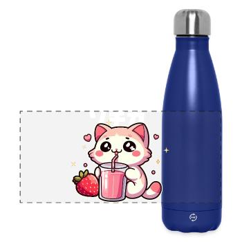 Kawaii kitten drinking strawberry smoothie - Panoramic Thermal Bottle 500 ml - dark blue  - Front