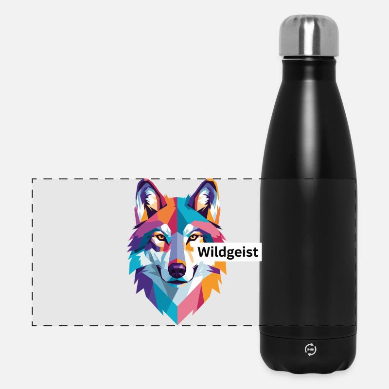 Farbiger Wolfskopf "Wildgeist" - Panorama Isolierflasche 500 ml - Schwarz