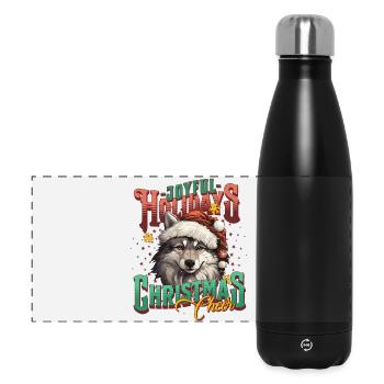 Fröhlicher Weihnachtswolf mit Santa-Mütze - Panorama Isolierflasche 500 ml - Schwarz - Vorne