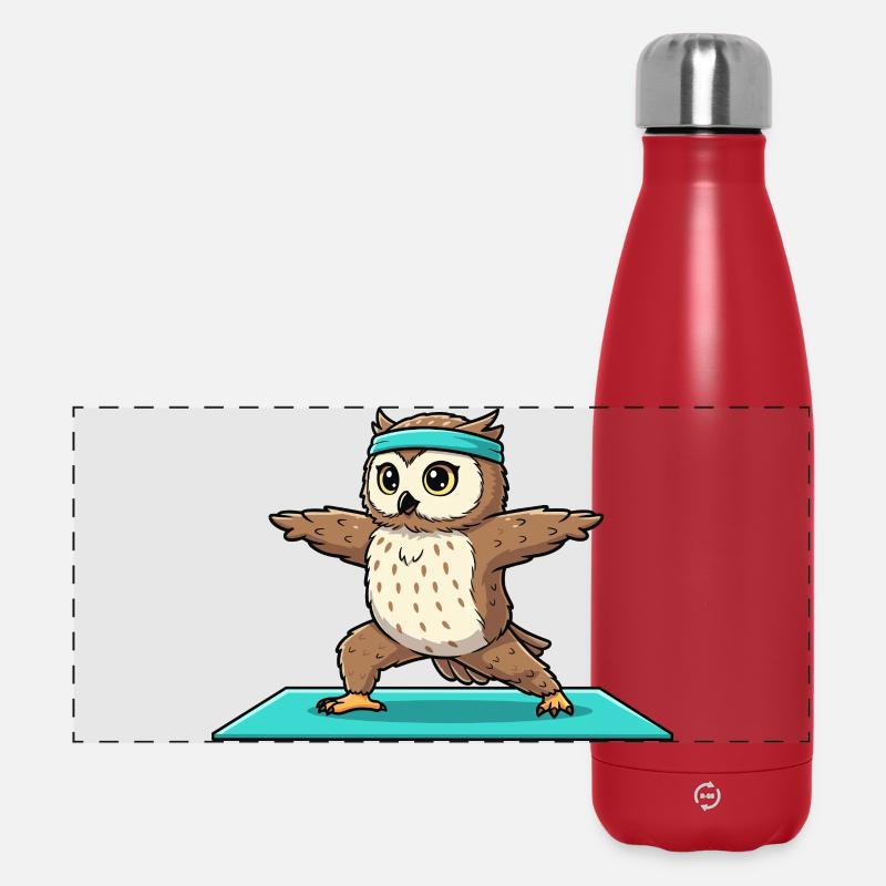 Yoga Owl Bird Doing Warrior Pose Art - Panoramic Thermal Bottle 500 ml - red