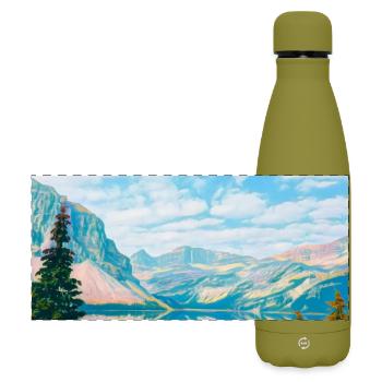 Sky blue mountain lake reflection - Matte Panoramic Thermal Bottle 500 ml - olive green  - Front