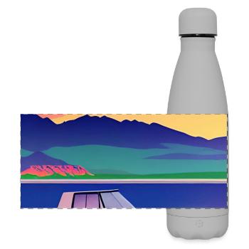 Landscape with lake, boat and mountains - Matte Panoramic Thermal Bottle 500 ml - grey - Front