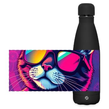 Vaporwave Cat Rose Bleu Synthwave Futuriste - Gourde isotherme panoramique mate 500 ml - noir - Devant
