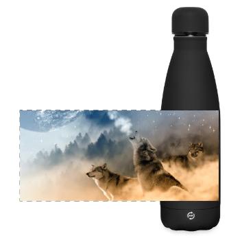 Wölfe heulen den Mond an / Schöne Wölfe - Matte Panorama Isolierflasche 500 ml - Schwarz - Vorne